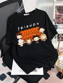 FRIENDS X SHEIN Casual Loose Round Neck Short Sleeve Women T-Shirt, Suitable For Summer Suitable For Going Out - Black - View 3