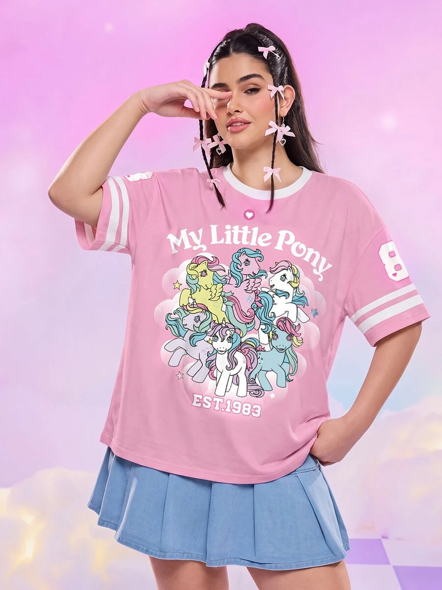 My Little Pony X SHEIN 大尺碼可愛卡通印花圓領短袖T恤 - 白色 - 查看 1