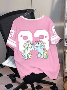 My Little Pony X SHEIN 大尺碼可愛卡通印花圓領短袖T恤 - 白色 - 查看 2
