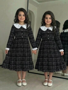 SHEIN Tween Girl Fashionable Elegant Kids Preppy Autumn/Winter Bow Collar Long Sleeve Long Plaid Dress - Multicolor - View 3