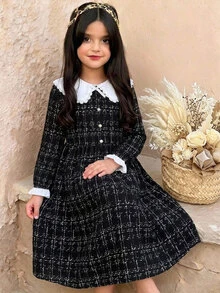 SHEIN Tween Girl Fashionable Elegant Kids Preppy Autumn/Winter Bow Collar Long Sleeve Long Plaid Dress - Multicolor - View 5