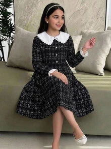 SHEIN Tween Girl Fashionable Elegant Kids Preppy Autumn/Winter Bow Collar Long Sleeve Long Plaid Dress - Multicolor - View 4