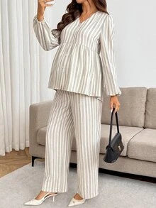 SHEIN Bộ 2 món đồ bầu gồm áo tay dài kẻ sọc và quần dài cạp điều chỉnh được, phong cách thường ngày cho mùa thu - Màu xanh hải quân - Xem 9