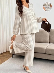 SHEIN Bộ 2 món đồ bầu gồm áo tay dài kẻ sọc và quần dài cạp điều chỉnh được, phong cách thường ngày cho mùa thu - Màu xanh hải quân - Xem 5