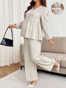 SHEIN Bộ 2 món đồ bầu gồm áo tay dài kẻ sọc và quần dài cạp điều chỉnh được, phong cách thường ngày cho mùa thu - Màu xanh hải quân - Xem 6