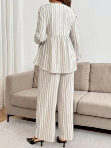 SHEIN Bộ 2 món đồ bầu gồm áo tay dài kẻ sọc và quần dài cạp điều chỉnh được, phong cách thường ngày cho mùa thu - Màu xanh hải quân - Xem 7