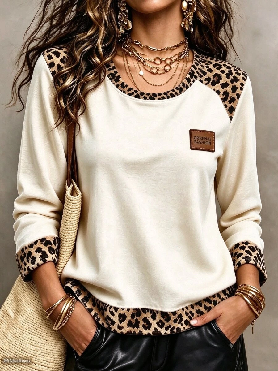 Bytebia Bytebia Leopard Print Digital Print Chest Patch Regular Fit Fashion Casual Long Sleeve Crew Neck Top - Multicolor - View 1