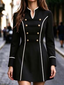 Breezaya Women's Elegant Long Sleeve V-Neck Dress With Trim And Button Design - Black - View 9
