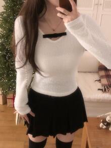 DAZY Women's Bow Decor V-Neck Long Sleeve T-Shirt Fall - White - View 5