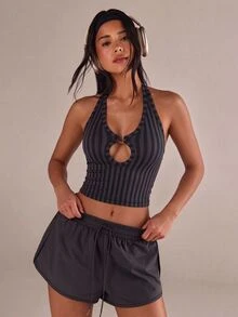 Mistrie Women's Sexy Sporty Athleisure Cutout Cropped Black And White Stripe Halter Neck Sports Tank Top Gym Workout Summer - Dark Grey - View 4