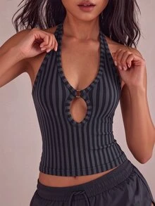 Mistrie Women's Sexy Sporty Athleisure Cutout Cropped Black And White Stripe Halter Neck Sports Tank Top Gym Workout Summer - Dark Grey - View 5