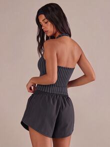 Mistrie Women's Sexy Sporty Athleisure Cutout Cropped Black And White Stripe Halter Neck Sports Tank Top Gym Workout Summer - Dark Grey - View 3