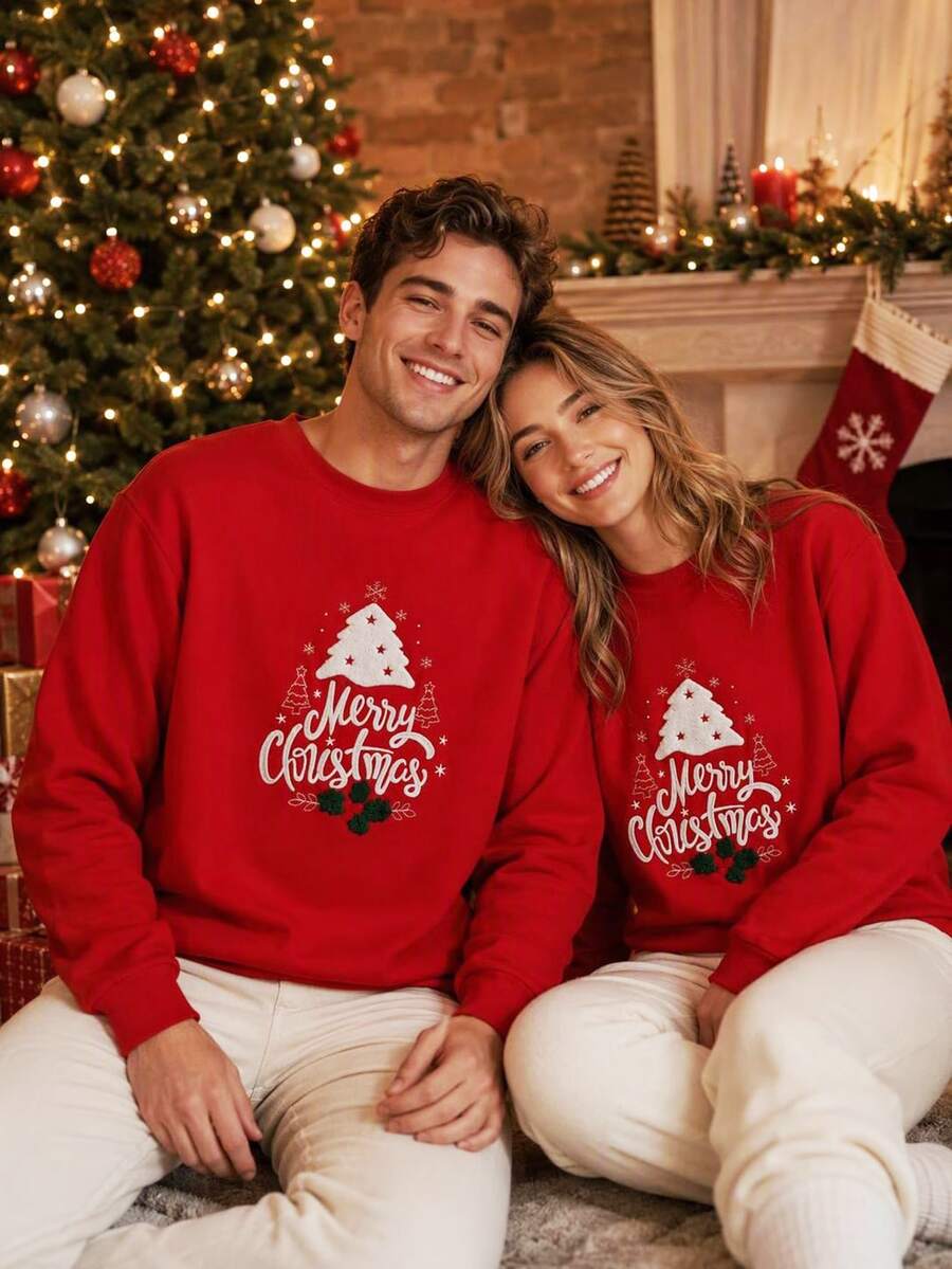 Manfinity Homme [Excl, Baby Kids]Men's Christmas Embroidered Pullover Sweatshirt Party Holiday Red And White Fall Kawaii Cute - Red - View 1