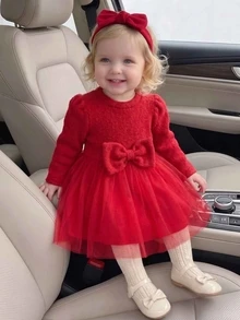 SHEIN 1件幼童女嬰公主風 A 字連身裙，優雅紅色蝴蝶結，薄紗針織加厚，長袖泡泡袖圓領，適合秋冬節日派對與聖誕節，保暖舒適 - 紅色 - 查看 4
