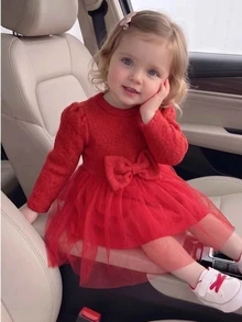 SHEIN 1件幼童女嬰公主風 A 字連身裙，優雅紅色蝴蝶結，薄紗針織加厚，長袖泡泡袖圓領，適合秋冬節日派對與聖誕節，保暖舒適 - 紅色 - 查看 3