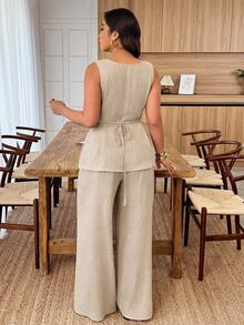 Weeklong Plus Size Women's Round Neck Sleeveless Metal Buckle Decor Waist Casual Suit, Spring/Summer Elegant - Khaki - View 2