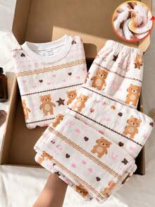 Tween Girl Tween Girl Fitted Long Sleeve & Long Pants Fleece Set, Autumn/Winter New Arrival, Cute Innocent Star, Bow, Wave Print Fabric, Comfortable, Popular And Desired By Girls - Apricot - View 4