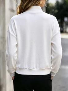 RosyDaze Asymmetric Placket Button High Neck Loose Drop Shoulder Long Sleeve Elegant Commuter Outerwear Sweatshirt - White - View 2