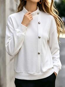 RosyDaze Asymmetric Placket Button High Neck Loose Drop Shoulder Long Sleeve Elegant Commuter Outerwear Sweatshirt - White - View 5