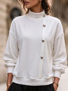 RosyDaze Asymmetric Placket Button High Neck Loose Drop Shoulder Long Sleeve Elegant Commuter Outerwear Sweatshirt - White - View 1