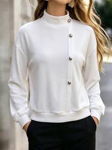 RosyDaze Asymmetric Placket Button High Neck Loose Drop Shoulder Long Sleeve Elegant Commuter Outerwear Sweatshirt - White - View 4