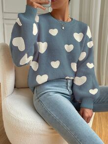 EMERY ROSE Autumn/Winter Casual Heart Print Crew Neck Sweater - Multicolor - View 7