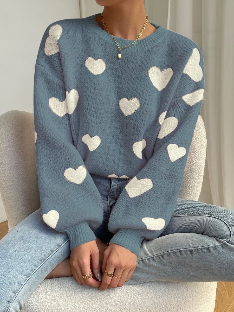 EMERY ROSE Autumn/Winter Casual Heart Print Crew Neck Sweater - Multicolor - View 1