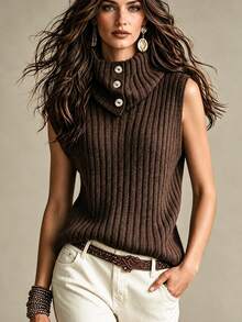 SHEIN Ribbed Knit Vest Featuring Button Embellished Turtleneck. Cropped Sleeveless Cut, Versatile For Laye Thanksgiving Office Brunch Dark Brown Fall Casual - Coffee Brown - View 8