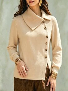 SHEIN Women's Elegant Button Design T-Shirt Top With Faux Sweater Fabric - Apricot - View 5