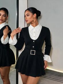 BamGleam Women's Elegant Autumn/Winter Coat Featuring A Black-And-White Color-Block Design And A Pleated, Skirt-Style Hem-Perfect For Any Occasion. - Black - View 7