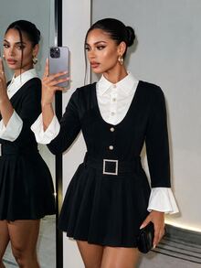 BamGleam Women's Elegant Autumn/Winter Coat Featuring A Black-And-White Color-Block Design And A Pleated, Skirt-Style Hem-Perfect For Any Occasion. - Black - View 4
