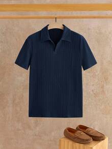 HIMLAND Men's Solid Color Casual Short Sleeve Polo Shirt For Commuting - Navy Blue - View 7
