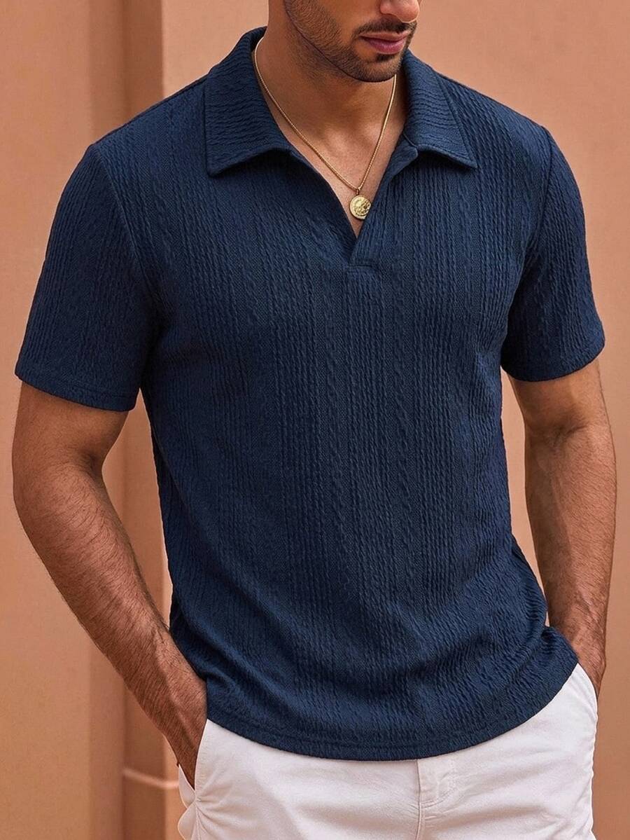 HIMLAND Men's Solid Color Casual Short Sleeve Polo Shirt For Commuting - Navy Blue - View 1