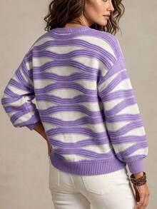 SHEIN Áo len dáng rộng phong cách retro thập niên 90, họa tiết sóng tím trắng, thời trang ngách đa năng, casual cho mùa thu và đi brunch - Màu tím - Xem 2