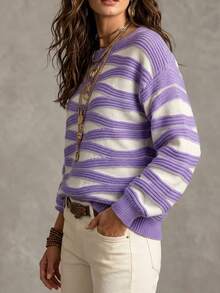 SHEIN Áo len dáng rộng phong cách retro thập niên 90, họa tiết sóng tím trắng, thời trang ngách đa năng, casual cho mùa thu và đi brunch - Màu tím - Xem 4