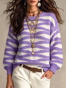 SHEIN Áo len dáng rộng phong cách retro thập niên 90, họa tiết sóng tím trắng, thời trang ngách đa năng, casual cho mùa thu và đi brunch - Màu tím - Xem 3