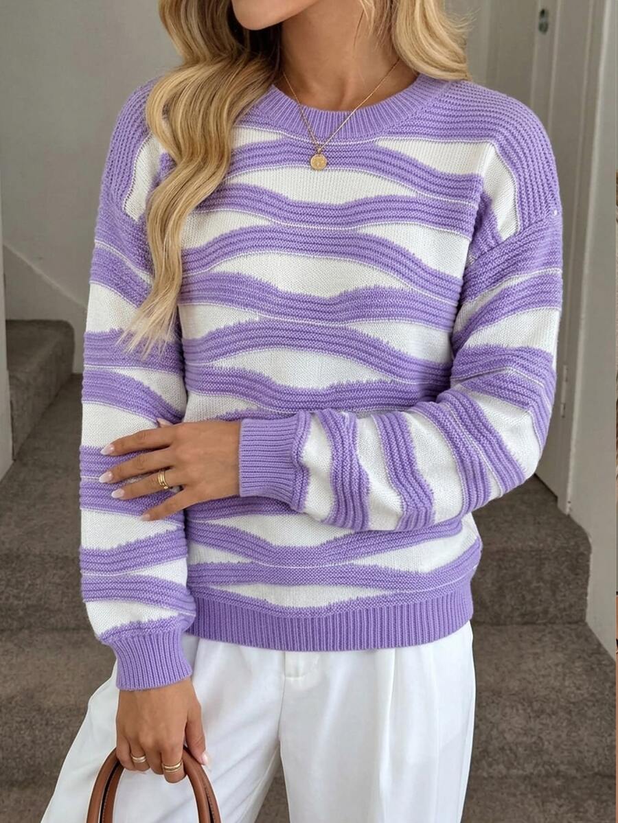 SHEIN Áo len dáng rộng phong cách retro thập niên 90, họa tiết sóng tím trắng, thời trang ngách đa năng, casual cho mùa thu và đi brunch - Màu tím - Xem 1