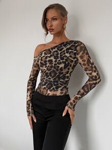 SHEIN PariChic Women's Fashion Leopard Print Mesh Long Sleeve Open Shoulder Bodysuit Fall Cloth For Women - Multicolor - View 7
