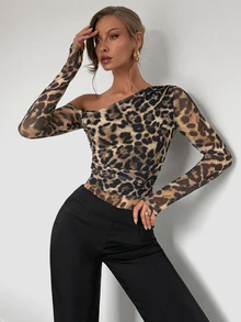 SHEIN PariChic Women's Fashion Leopard Print Mesh Long Sleeve Open Shoulder Bodysuit Fall Cloth For Women - Multicolor - View 6