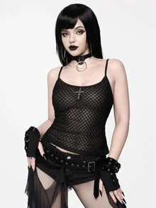 ROMWE Women's Mesh Tank Top Dark Swamp Goth Punk Street Rock Music Festival Style - Black - View 5