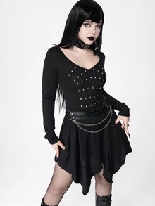 ROMWE Goth Women's Mid-Length Dress Dark Swamp Asymmetrical Hem Ribbon Foil Punk Music Festival - Black - View 7