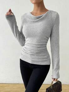 SHEIN Vintage Asymmetrical Draped Neck Textured Ruched Fitted Long Sleeve Top Fall Cloth For Women - Grey - View 9