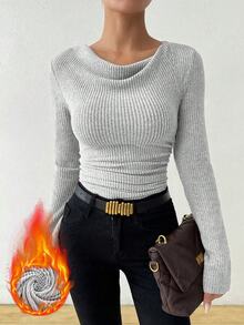 SHEIN Vintage Asymmetrical Draped Neck Textured Ruched Fitted Long Sleeve Top Fall Cloth For Women - Grey - View 7