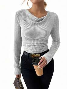 SHEIN Vintage Asymmetrical Draped Neck Textured Ruched Fitted Long Sleeve Top Fall Cloth For Women - Grey - View 1