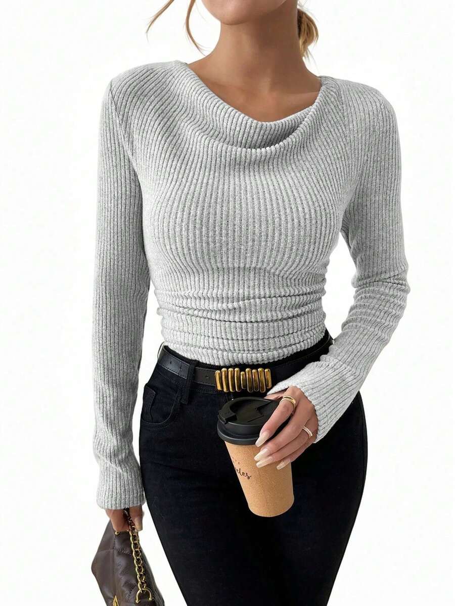 SHEIN Vintage Asymmetrical Draped Neck Textured Ruched Fitted Long Sleeve Top Fall Cloth For Women - Grey - View 1