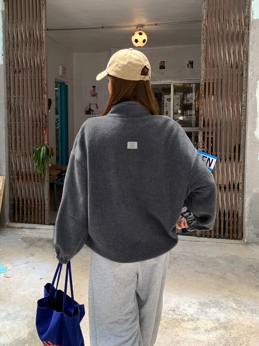DAZY 女款純色落肩長袖寬鬆休閒常規夾克外套 秋季 - 灰色 - 查看 1