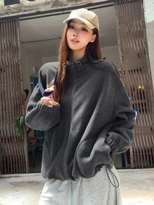 DAZY 女款純色落肩長袖寬鬆休閒常規夾克外套 秋季 - 灰色 - 查看 3
