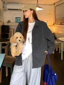 DAZY 女款純色落肩長袖寬鬆休閒常規夾克外套 秋季 - 灰色 - 查看 6