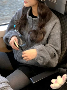 DAZY 女款純色落肩長袖寬鬆休閒常規夾克外套 秋季 - 灰色 - 查看 10