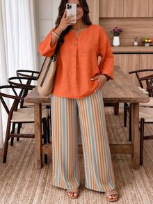 Weeklong Casual Style Plus Size Women Solid Color Notched V-Neck Shirt And Striped Pants 2 Pieces Set Fall/Winter - Multicolor - View 1